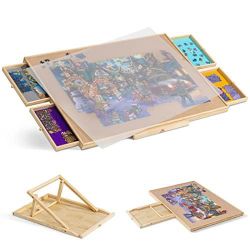 Tektalk Jigsaw Puzzle Table with Integrated Adjustable Stand/Bracket and Removable Cover, 3-Tilting-Angle Wooden Plateau Portable Puzzle Board with 4 