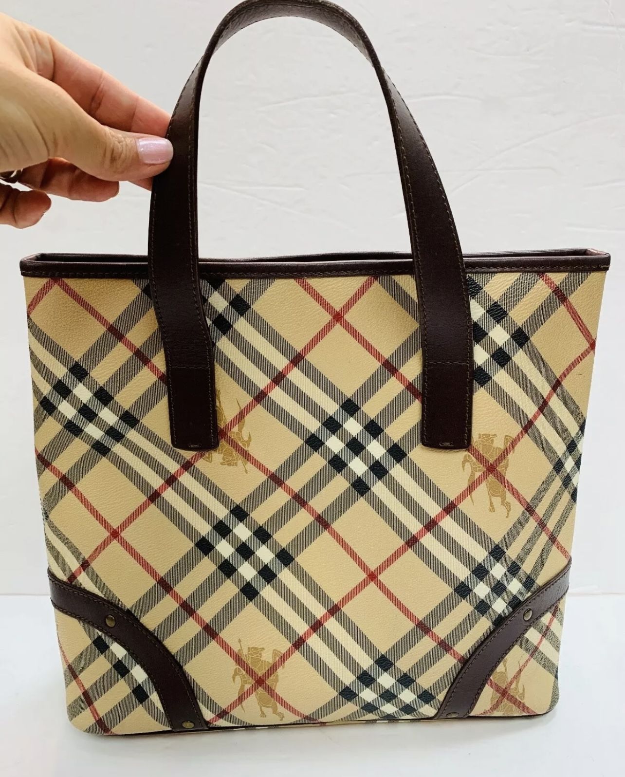 Burberry Haymarket Nova Check Coated Canvas & Leather STUDDED Tote-BAG PURSE 