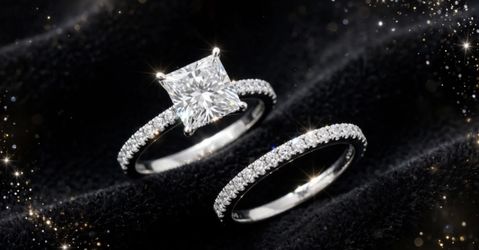 Silver Plated Cubic Zirconia Bridal Set - $100 💍 Beautiful princess cut engagement ring + matching eternity band! Sizes: 6, 7, 8, 9, 11 Available P