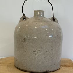 Antique Primitive Stoneware Crock Jug Bail Handle Black Wooden Grip  