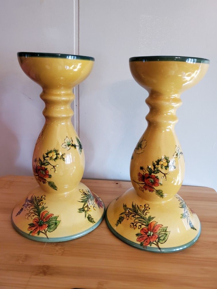 Pair of Beautiful Enameled 12" Decorative Pillar Candle Holders. 