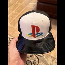 KANJI PLAYSTATION SNAPBACK HAT shiny black brim white red retro video game Hat