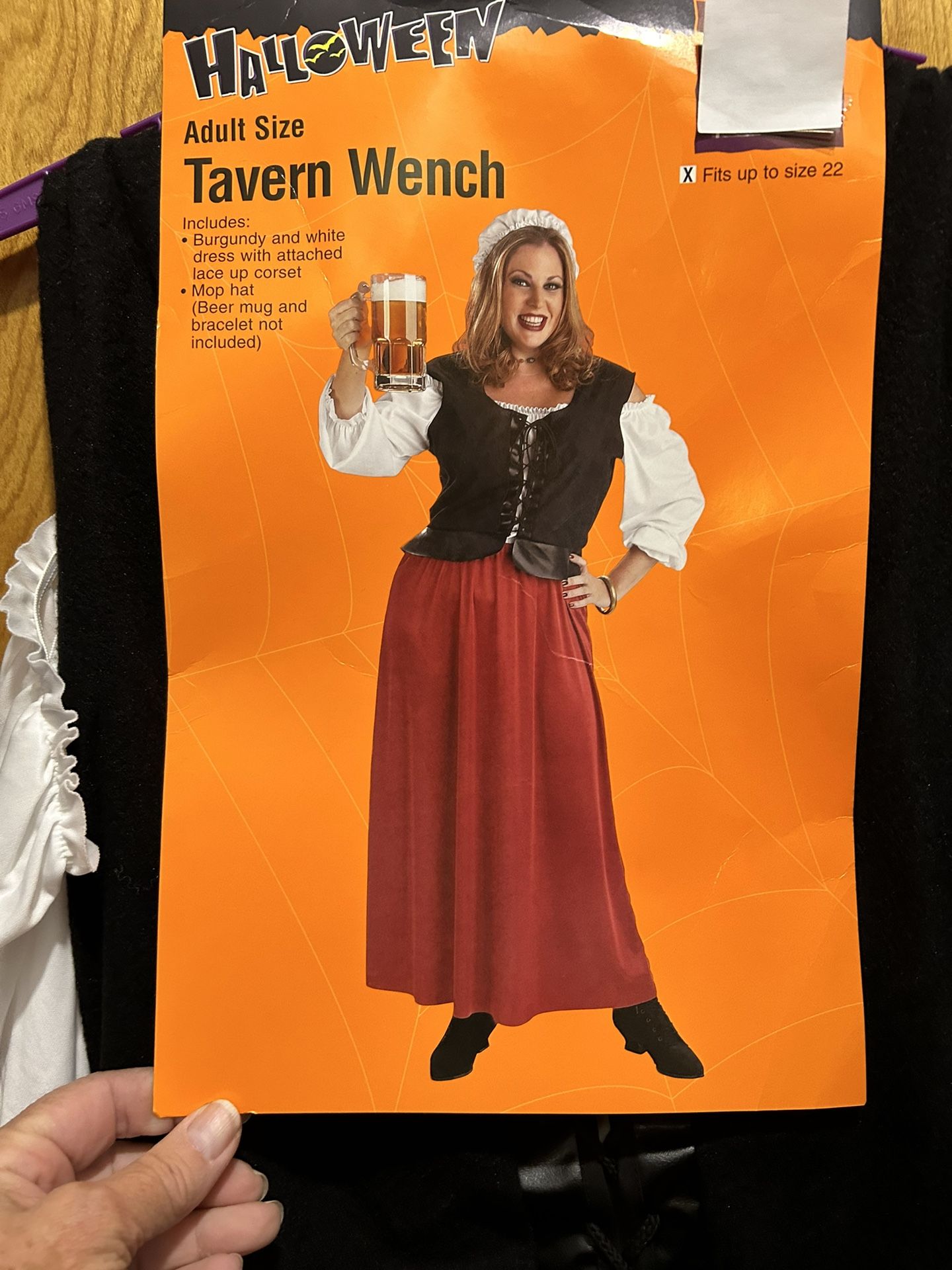 Tavern Wench Halloween Costume, Size XL Fits Up To Size 22 Included: Burgundy/White Dress With Attached Corset, Mop Hat
