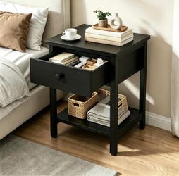Black Nightstand with Drawer and Shelf