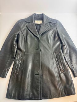 Nine West Black Genuine Leather Mid-Length Button Coat Lined Pockets Size S
