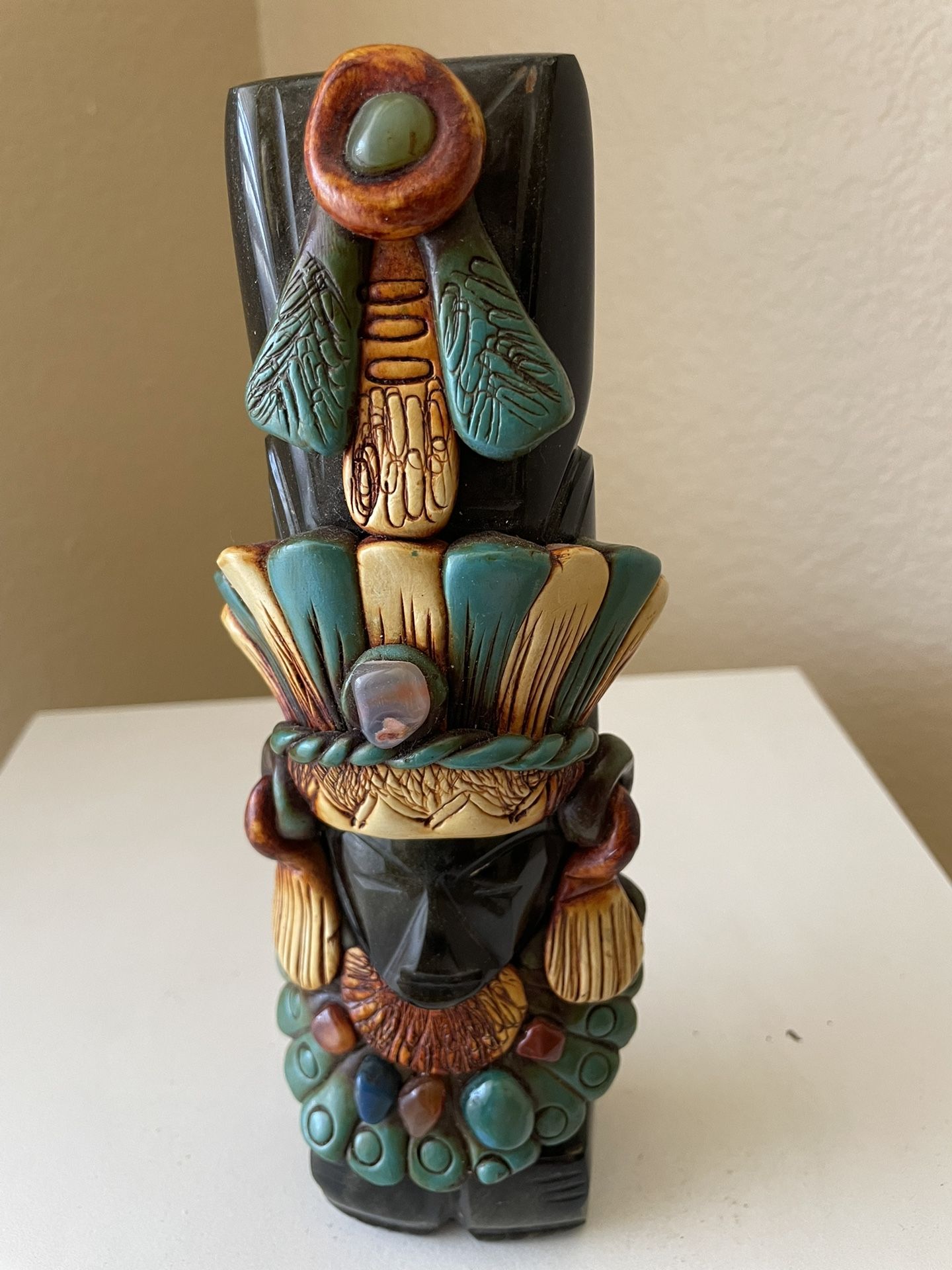 Mayan Aztec Man Obsidian Sculpture With Gemstones