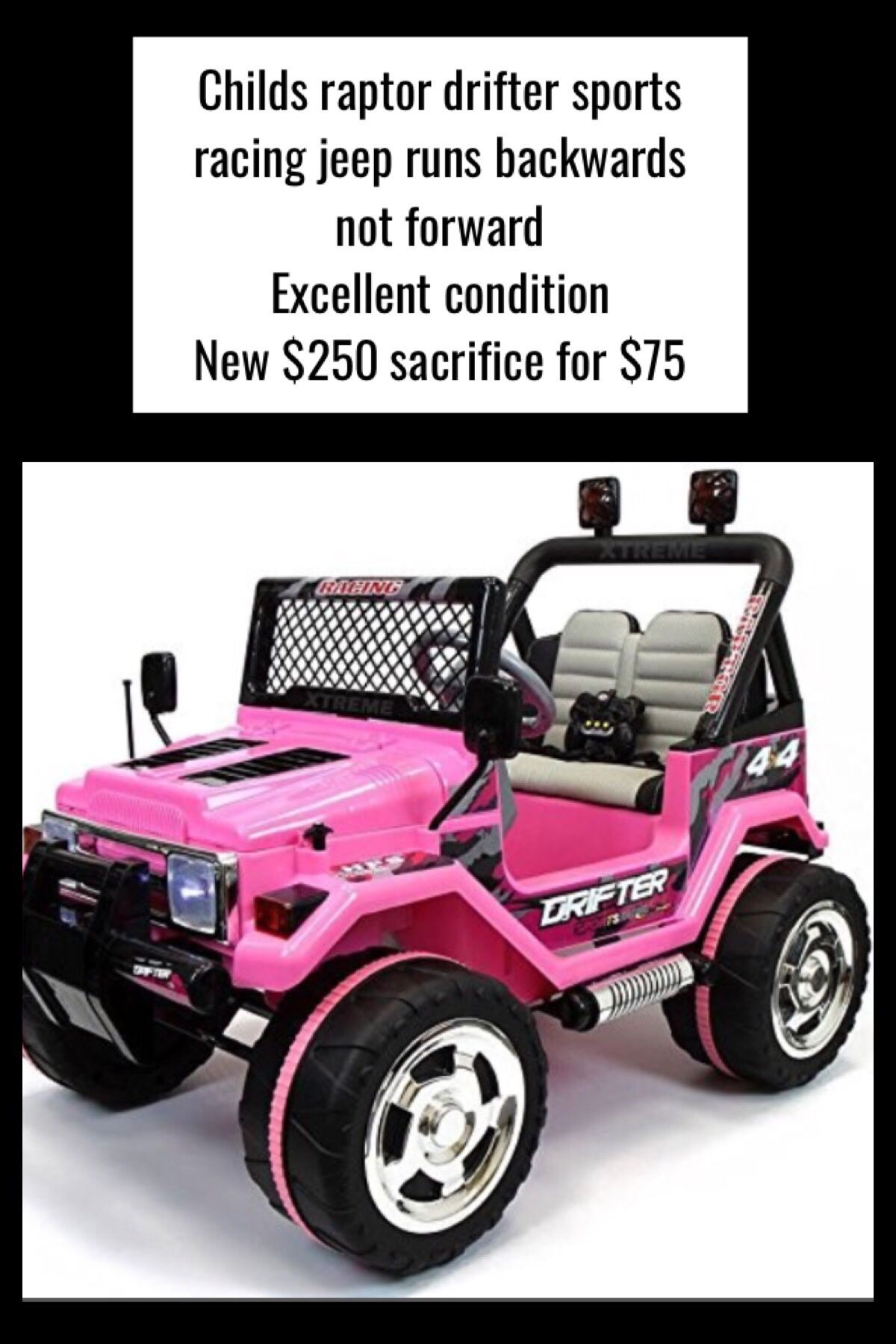 Child’s raptor drifter sports racing Jeep