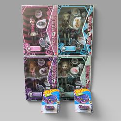 New Monster High Creeproduction Complete Set Draculaura Frankie Clawdeen Lagoona + Hot Wheels