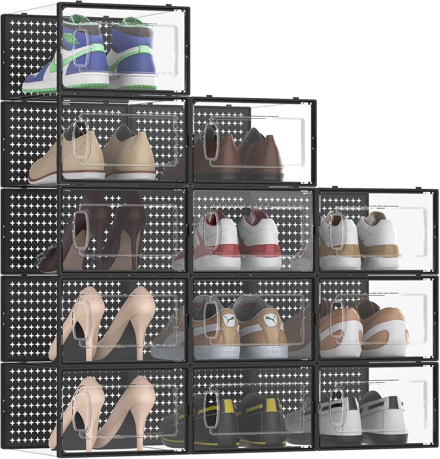 12 Pack Large Shoe Storage Box Organizer for Closet, Versatile Clear Plastic Stackable Sneaker Shoe Rack