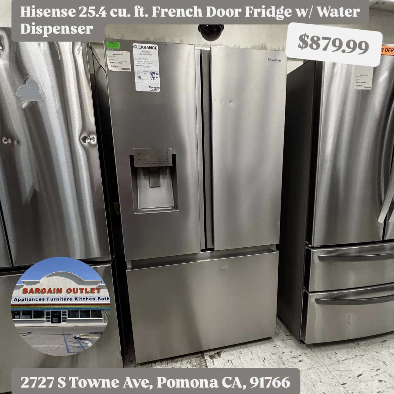 Hisense HRF254N6DSE – 25.4 cu. ft. French Door Fridge w/ Water Dispenser! Open Box w/ 90-Day Warranty