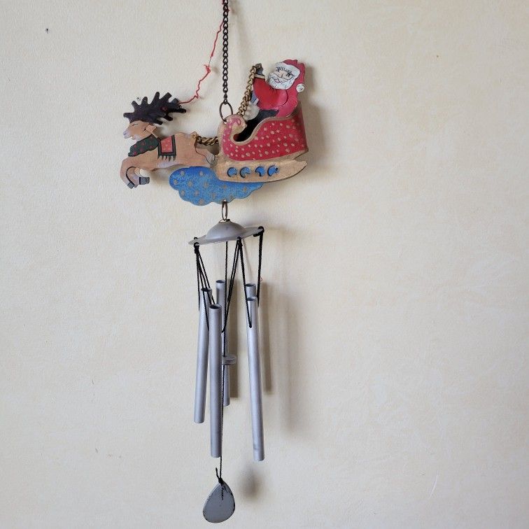 Vintage Hand Painted Cast Iron Santa & Reindeer Windchime 16" 