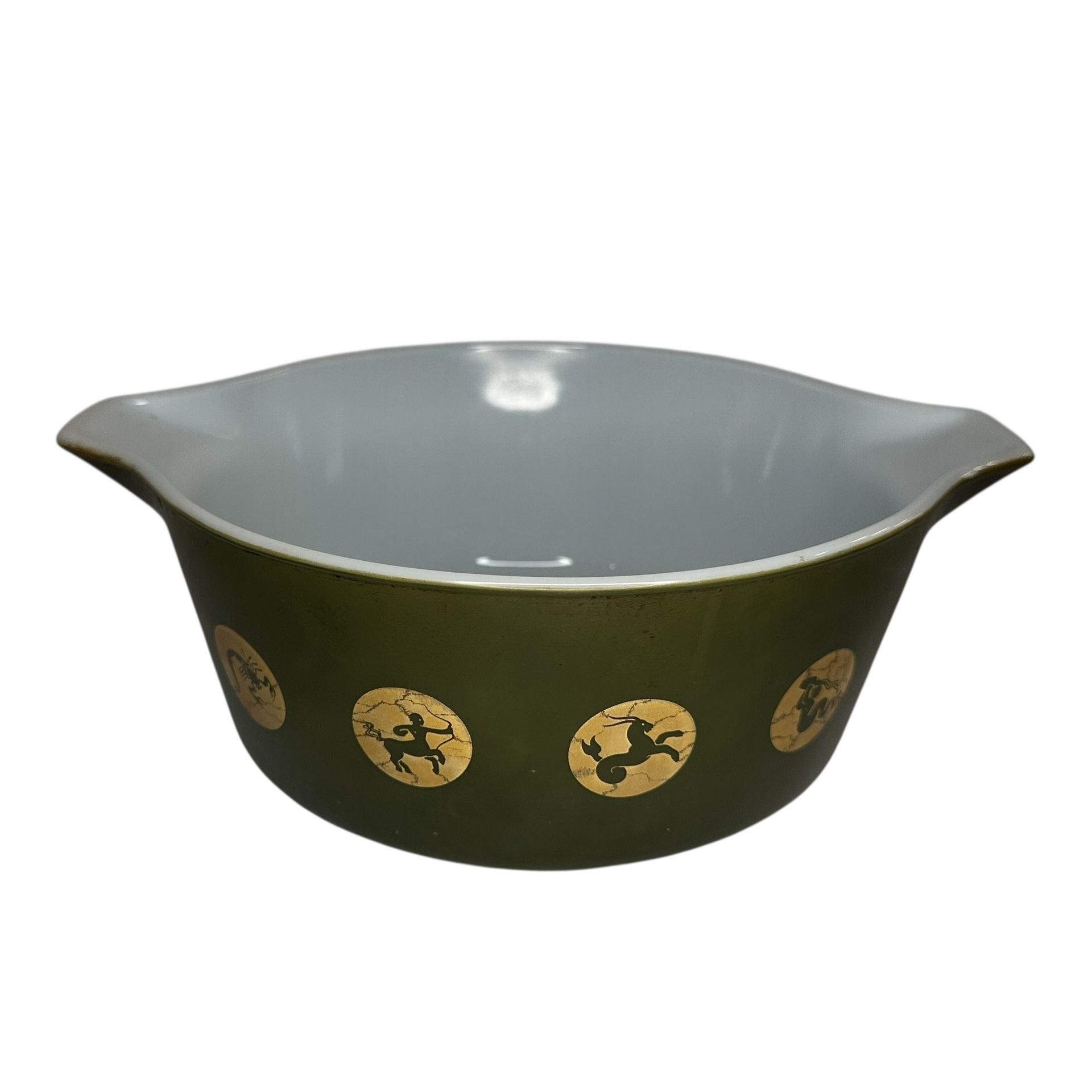 Vintage 1961 Pyrex Zodiac Casserole Horoscope #475-B Green/Gold 2.5 Qt No Lid