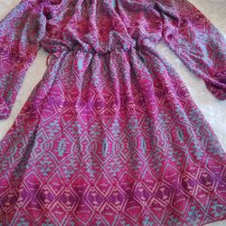 Big Girls Chiffon Aztec Tribal Shear Elastic Waist LongSleeve Dress  SZ:14