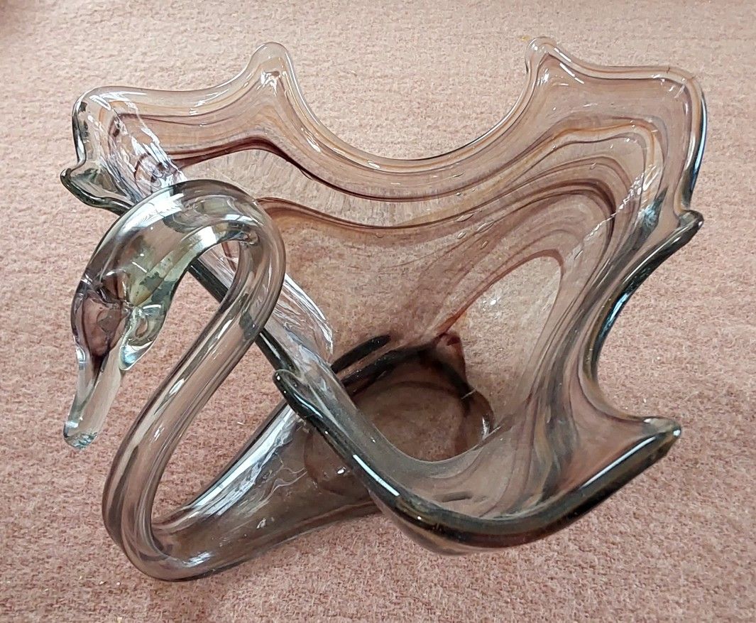 Swirled Glass Swan Sculpture Bowl Dish Possibly Hand Blown Glass