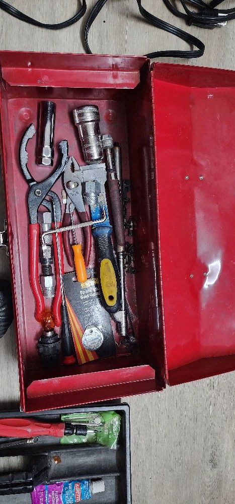 VINTAGE METAL TOOLBOX Red W/Misc Tools