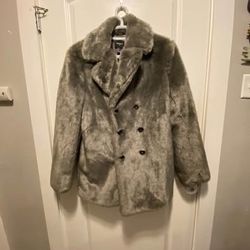 Men’s GQ Style Silver Forever 21 Faux Fur Double Breasted Winter Pea Coat Size Medium MUST PICK UP 