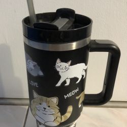 40 oz Cat Tumbler with Handle and Straw, Stainless Steel 