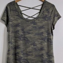 Women's Green Camo Print  Short Sleeve Top With Strappy Back