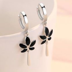 925 Sterling Silver Floral Black Enamel Drop Dangle Earrings Gift 