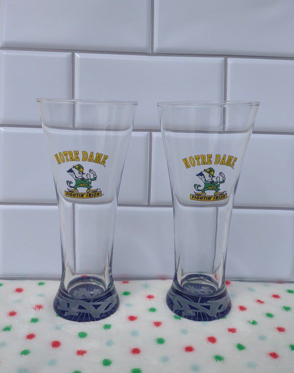 7.5" NOTRE DAME FIGHTIN IRISH PILSNER Beer GLASS Logo On Bottom Set 2x