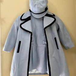 Toddler Girls COCHE TOT Blue Wool Blend Dress Coat Hat Outfit 3-pc Set 3-4 years