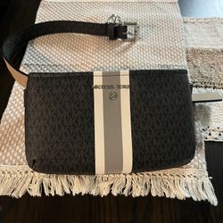 Michael Kors Fanny Pack L/XL Black & Gray With Cream Stripes 