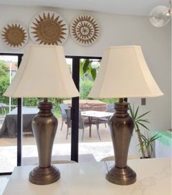 Pair of Dark Bronze Table Lamps with Cream Bell Shades