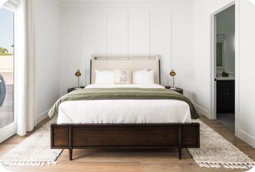 Mid-Century Dark Wood Upholstered Bed Frame