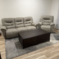 Recliner Couch, Swivel Recliner Chair, Coffee Table and Rug
