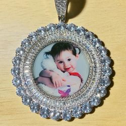Italy 925 Sterling Silver Photo Pendant 14K White Gold 5X Layered Iced Custom Round Memory Picture Pendant, Stainless Steel Rope Chain 16โ-24โ Set