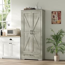 Storage Cabinet with Adjustable Shelves, 72" Tall Kitchen Pantry with Barn Door and Drawer, Gray Storage Cabinet for Kitchen, Dining Room, Bathroom, L