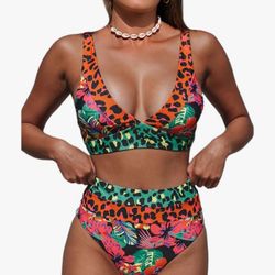 Hilinker Women's Leopard Bikini Swimsuits V Neck High Waisted 2 Piece Bathing Suits