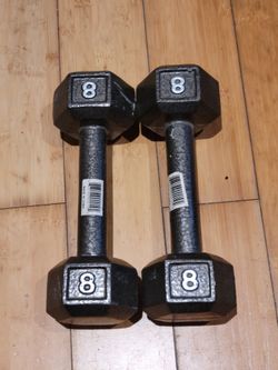 pair of grey hexagonal cast iron dumbbells (8 lb)