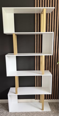 Modern White & Gold Geometric Bookshelf – 5 Tier Storage Shelf