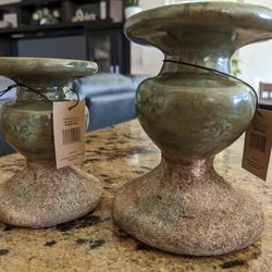 NEW - Set of 2 Rustic Terracotta Distressed Green Pillar Candle Holders