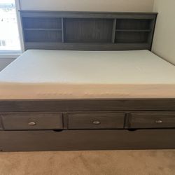 Full Size Storage Trundle Bed w/Bookshelf - Gray