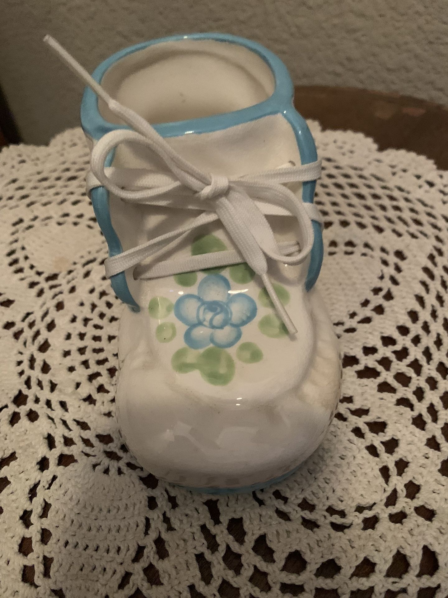 Vintage Blue Floral Baby Shoe Planter