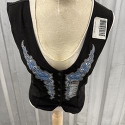 Vintage 90's Harley Davidson Black Vest with Blue Embroidery for Women