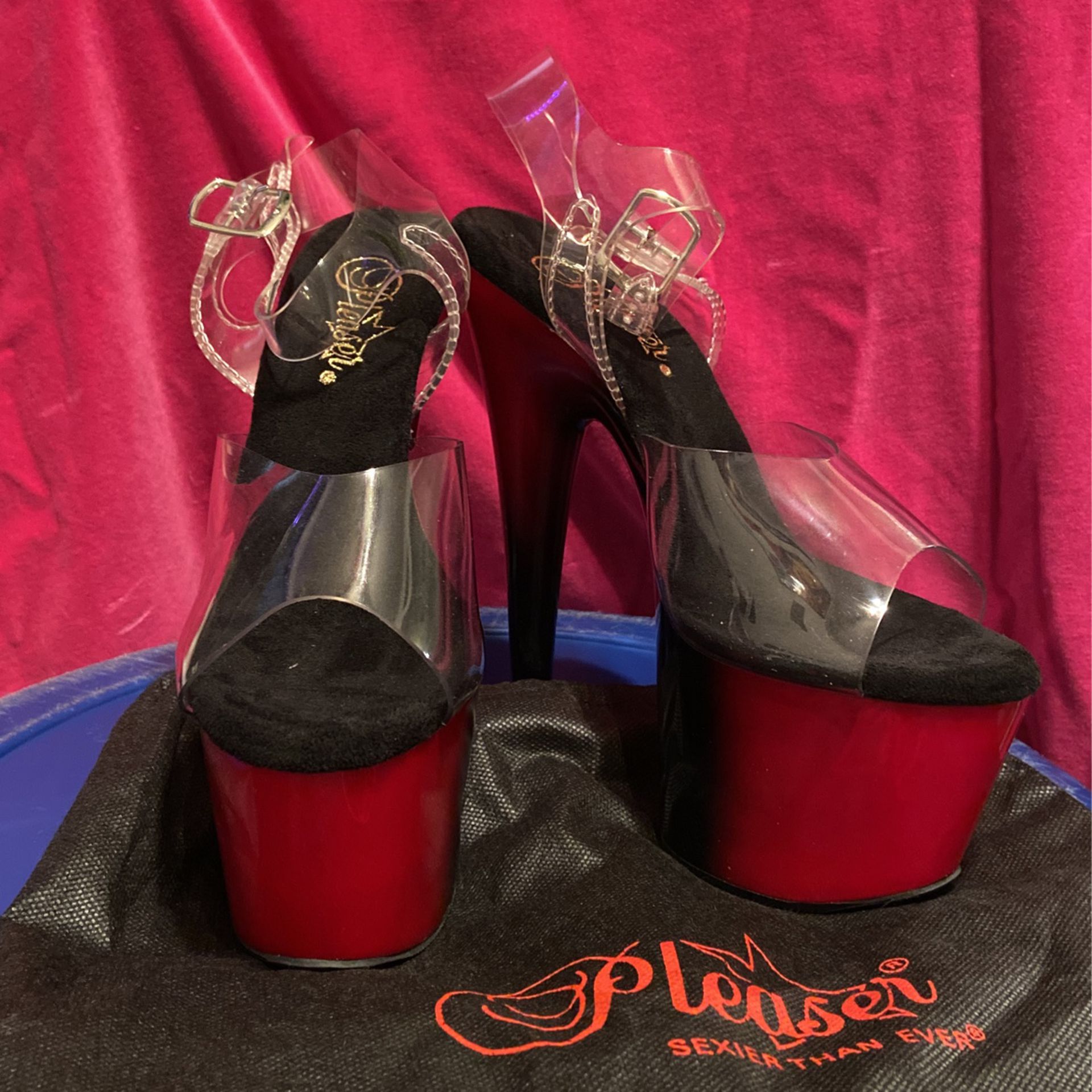 brand new sz 6 red/black/clear Pleaser heels 