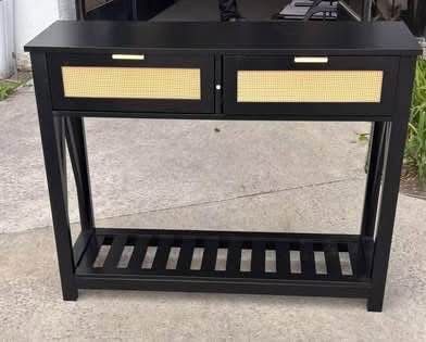 New in Box Console Table with 2 Rattan Drawers, Entryway Table w/ 3-Tier Shelve Black or White