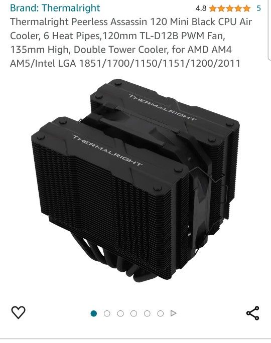 Thermalright Peerless Assassin 120 Mini Black CPU Air Cooler, 6 Heat Pipes,120mm TL-D12B PWM Fan, 135mm High, Double Tower Cooler, for AMD AM4 AM5/Int