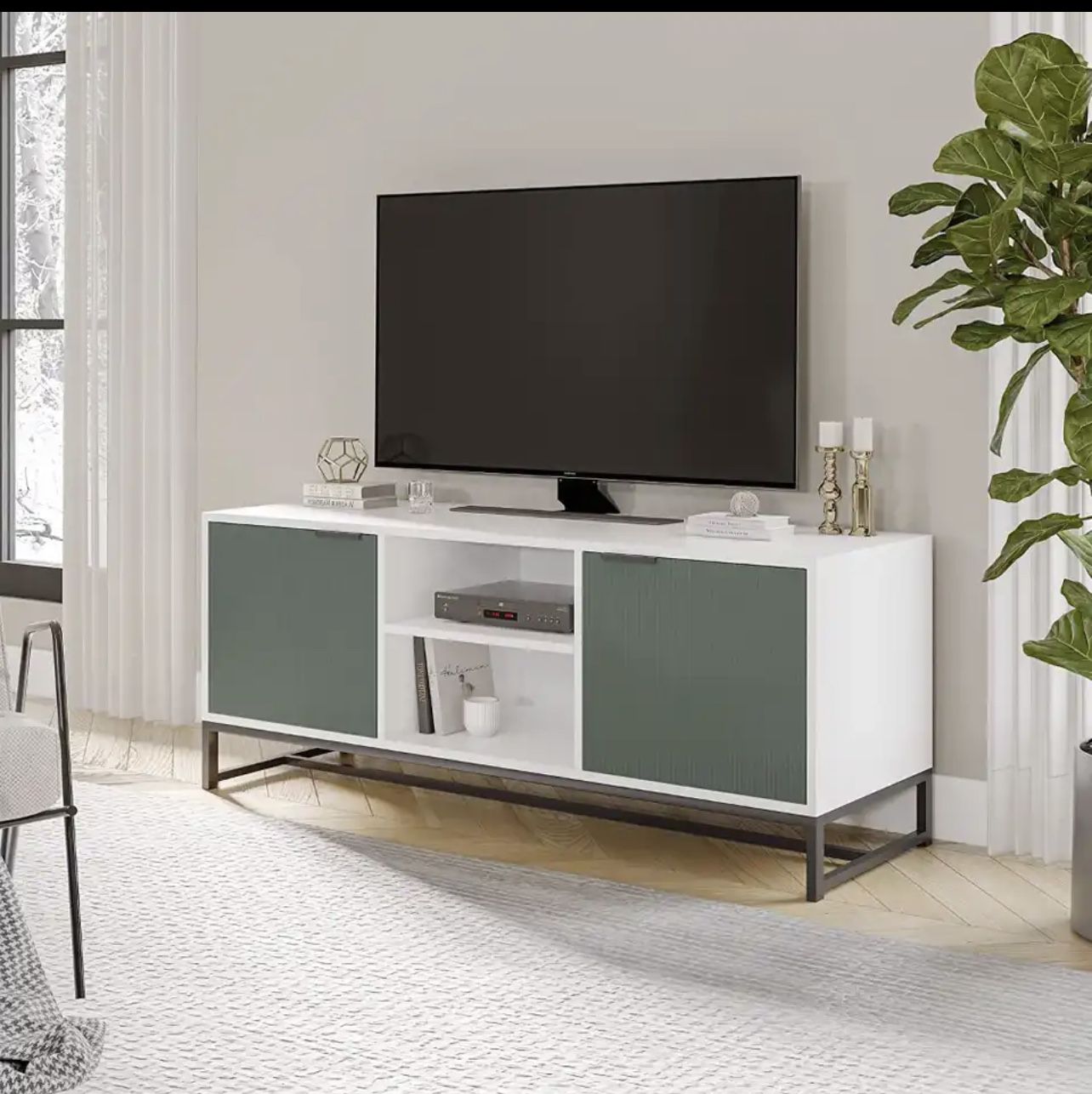  | Center for 55-inch TV with Storage Cabinet and Open Shelves for Living Room, Bedroom, Office, White and Green https://a.aliexpress.c