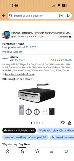 Lehwey USB CD Player for Car, External Car Cd Players with AUX & FM Transmitter, Portable CD Player for Cars Without CD Drive, Anti-Skip, Remote Contr