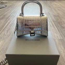 Silver Balenciaga Hourglass Crocodile Imprint Hand Bag