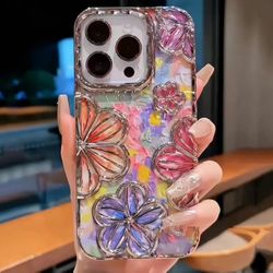 0.79inch Thickened Electroplated Floral Card Paper Retro Hollow Three-dimensional Oil Painting Flowers TPU Dopamine For iPhone 14 pro max