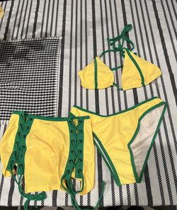 yellow and green 2 piece bathing suit with swim skirt
