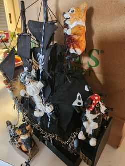 Handmade Pirate Ship Sculpture with Dog Figures