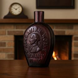 Vintage 1950s Amethyst Albany Glass Works George Washington Mayflower Flask Bottle, 1x6”