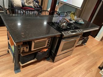 Custom Oversized dark rich marble Granite, Metal & Wood Kitchen Island