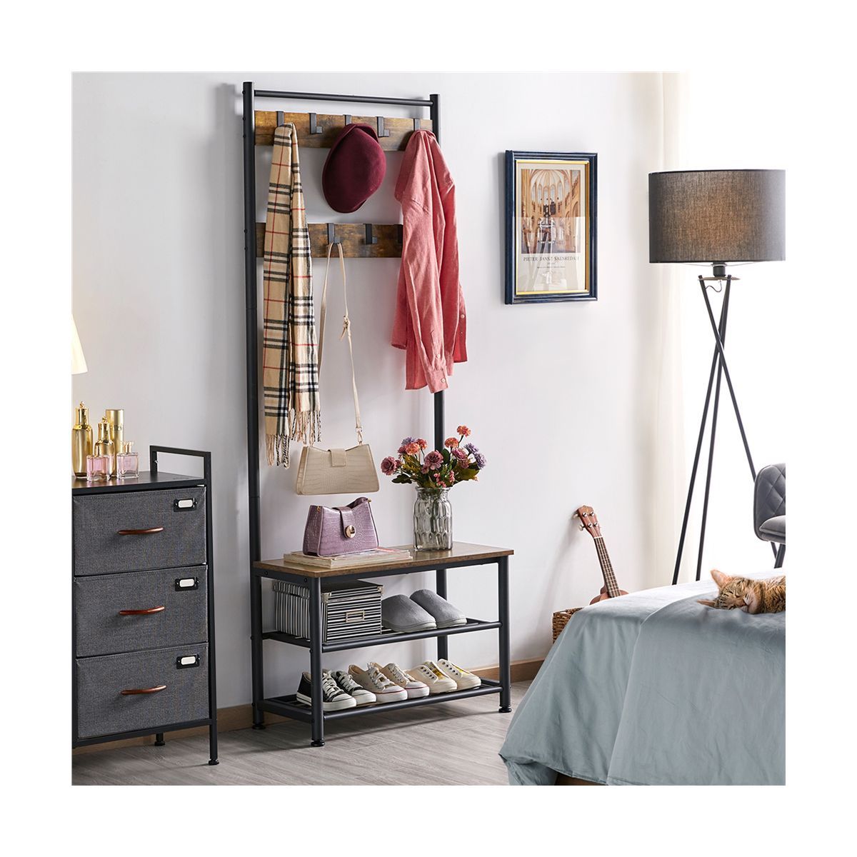 73"H Metal Hall Tree with Shoe Storage Bench Coat Rack with 9 Movable Hooks, Entryway Coat Rack